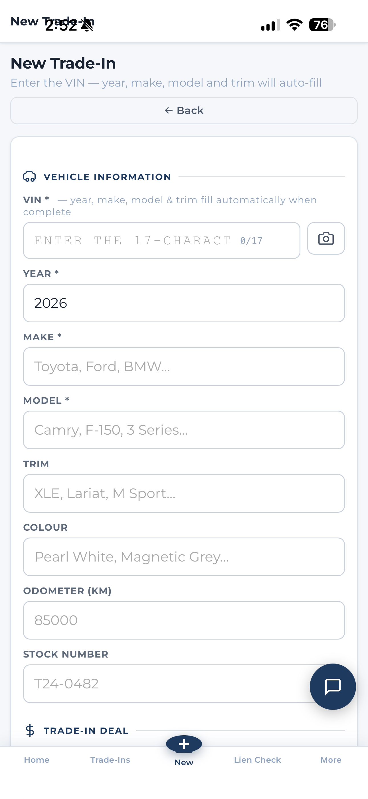 Leni mobile new trade-in form with VIN scanner, auto-fill year/make/model, and trade-in details