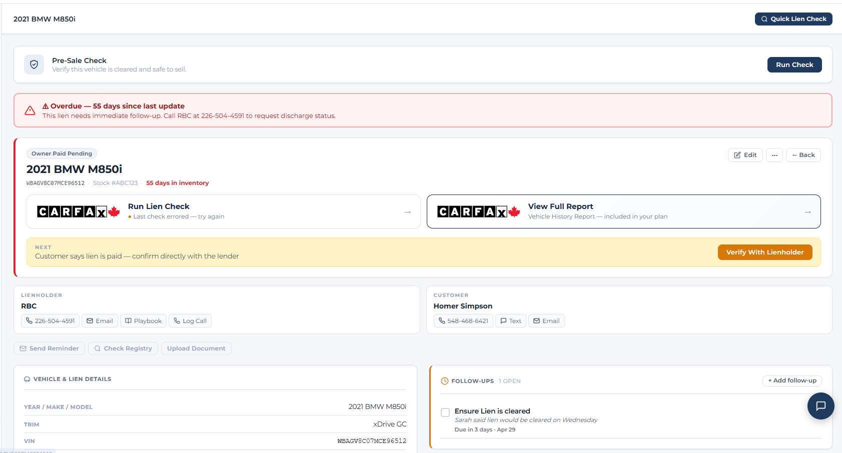 Trade-in detail page showing CARFAX Canada lien check and View Full Report buttons, overdue alert, and complete vehicle and lien history